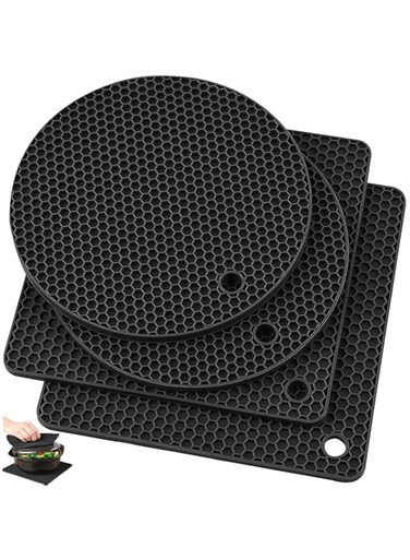 Silicone Trivet Pot Mat, Silicone Pot Holders for Hot Pan and Pot Pads. Heat Resistant Counter Mats for Tables Placemats,Countertops, Spoon Rest and Large Coasters,4 Pack Black(2 Squared + 2 Round)