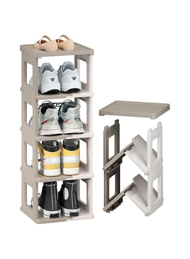 Lomeshow 5 Tiers Shoe Rack - Foldable Shoe Rack for Closet, Plastic Shoe Tower for Sneaker, Space Saving Storage Organizer, Large Shoe Shelf/Holder/Stand for Bedroom, Floor, Entryway