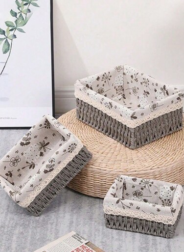 Nest Set of 3 Eco-Friendly Handwoven Storage Baskets &acirc;&euro;&ldquo; Durable Rectangular Woven Bins with Sturdy Plastic Frame, Removable Fabric Lining, Decorative Macrame Design for Sundries, Toys, Books, Toiletries, and Elegant Home Organization - Grey