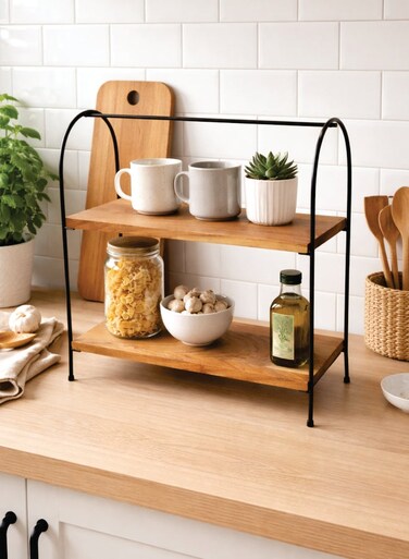 Homecraft Premium 2-Tier Wood Utility Rack with Gunmetal Metal Frame, Size: 38x20x44cm &acirc;&euro;&ldquo; Handcrafted Serving Basket &amp; Tabletop Organizer for Kitchen, Dining &amp; Hosting, Natural &amp; Gunmetal