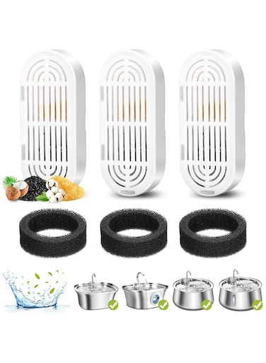 BIGTHREE Cat Water Fountain Filters, 3 Pack Replacement Filters &amp; Replacement Pre-Filter Sponges for Pet Fountain 3.2L/108oz, Fountain Carbon Filters Pet Water Dispenser Bowl