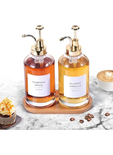 Coffee Syrup Dispenser for Coffee Bar Accessories,16.9oz 500ml Glass Syrup Bottles w Labels and Funnel,Set of 2 (Gold)