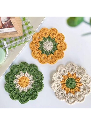 design   Home dining table decoration   Floral pattern coasters   Woven coasters, Knitted coasters, Handmade   Yellow and Green color