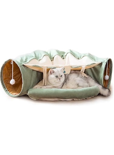 Beauenty Cat Toy Collapsible Tunnel Bed Comfortable Cave, Round Hug and Snuggle Hole Pet Nest Bed Channel Detachable Cover Suitable for Kittens-Free 2 Rotating Catnip Balls (Matcha)