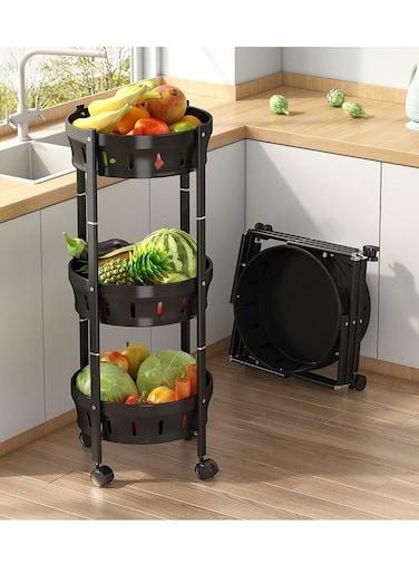 3-Tier Foldable Rolling Basket Organizer with Wheels, Multi-Purpose Kitchen Storage Cart for Fruits, Vegetables, Snacks, and Household Items, Durable Plastic and Rustproof Steel