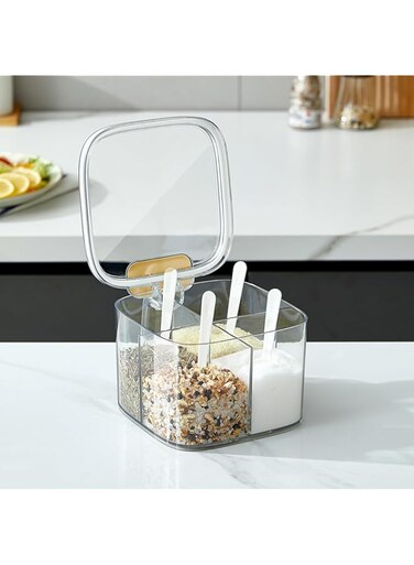 UrbanEssentia 4-Compartment Spice Jar with Lid and Spoons, Clear Plastic Seasoning Pot, 4-Grid Spice Organizer, Condiments Jar with Spoons and Air Tight Cover, Kitchen Organizer.