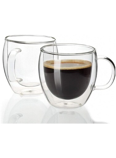 2pc Double Walled Glass Coffee Mugs with Handle,Insulated Layer Coffee Cups,Clear Borosilicate Glass Mugs,Perfect for Cappuccino,Tea,Latte,Espresso,Hot Beverage,Safe (250ML 2pcs)