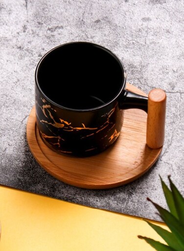 2-Piece Ceramic 180ml Coffee Mug Tea Cup With Wood Handle And Saucer