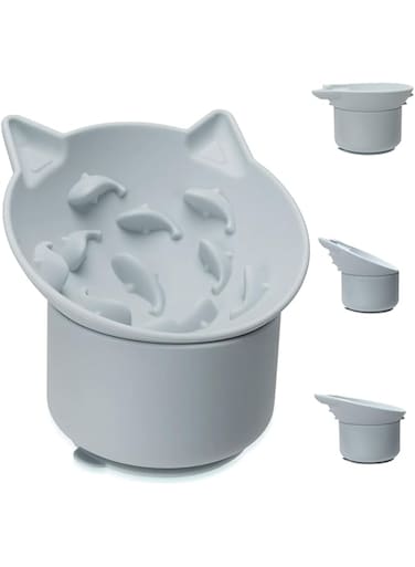 Silicone Cat Slow Feeder, Elevated Slow Feeder Pet Bowl Tilt Design, cat Dish to Slow Down Eating, Suitable for Dry and Wet Food, Adjustable Angle, Cat Food Puzzle with Suction Cup