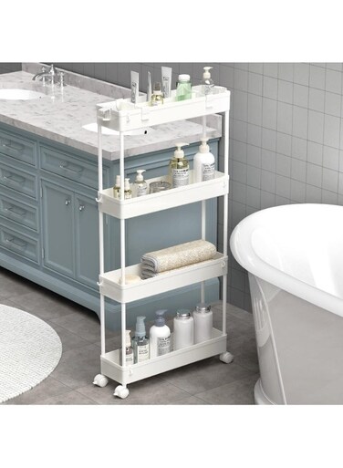 Slim Rolling Storage Cart with Wheels, 4 Tier Skinny Bathroom Storage Organizer Narrow Shelf Unit Thin Laundry Room Utility Cart for Bedside Kitchen Office Next to Fridge Small Places, White
