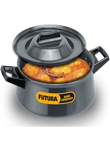 Hawkins Futura Hard Anodised Handi (Saucepan) 3 L, 21 cm, 4.06 mm with 2 Short Handles, Aluminium, Black