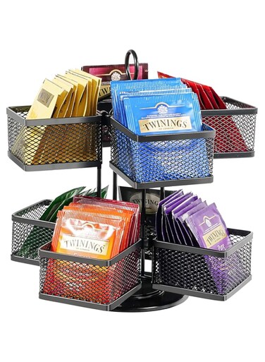Puricon Tea Bag Organizer Storage Holder 360-Degrees Spinning Carousel, 8 Compartments TeaBags Display Rack with Lazy Susan Platform for Kitchen Home Office Coffee Bar Counter -Black