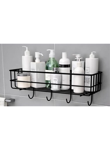 Bathroom Rack - Bathroom Shelves - Kitchen Storage &ndash; Multipurpose Rack and Shampoo Holder with 4 Hook - Adhesive Shower Caddy Metal Shelf Without Drilling (Black)
