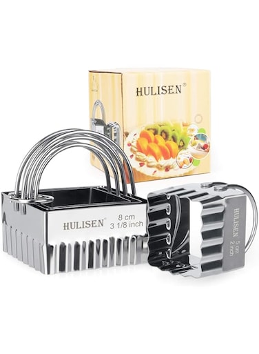 HULISEN Square Biscuit Cutter Set (4 Pieces/Set), Stainless Steel Cookies Cutter with Handle, Professional Baking Dough Tools (Ripple Square)