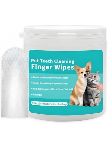 Teeth Cleaning Wipes for Dogs &amp; Cats, Bad Breath by Removing Plaque and Tartar Buildup No-Rinse Dog Finger Toothbrush, Disposable Gentle Cleaning &amp; Gum Care Pet Wipes, 50 Counts