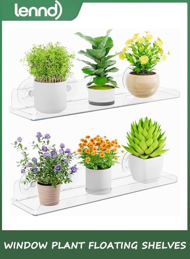 Window Plant Floating Shelves 38cm x 10cm, 2 Pack Acrylic Suction Cup Shelf, Window Sill Extender for Indoor Succulent Plants, Micro Greens, Seed Starter Pots, Herb Planters