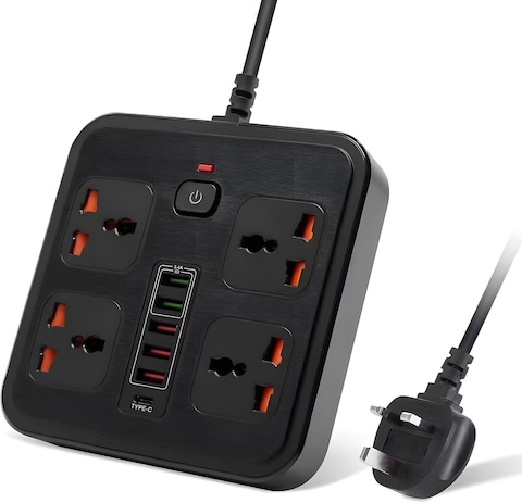 سلك تمديد قطاع الطاقة العالمي من WECOM مع 4 منافذ و5 منافذ USB ومنفذ من النوع C، طاقة مصنفة 3000 واط مع وصلة كابل حماية من زيادة التيار بطول 2 متر، أسود