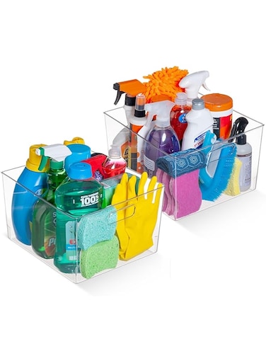 Aliza Plastic Storage Bins With Handles - Pack of 2 Fridge Organiser - Versatile XL Clear Plastic Storage Under sink, Snacks, Kitchen Cabinet, Fridge Storage -