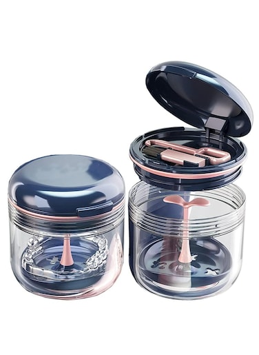 Dark Blue Denture/Retainer Storage Case with Cleaning Accessories, Travel-Friendly