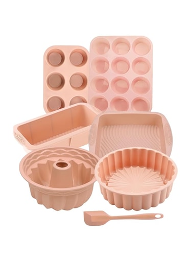 BLACKSTONE Silicone Bakeware Set, 7-Piece Baking Essentials for Cake and More, Includes Muffin, Square, Fluted, Charlotte, Loaf Pans and Scraper