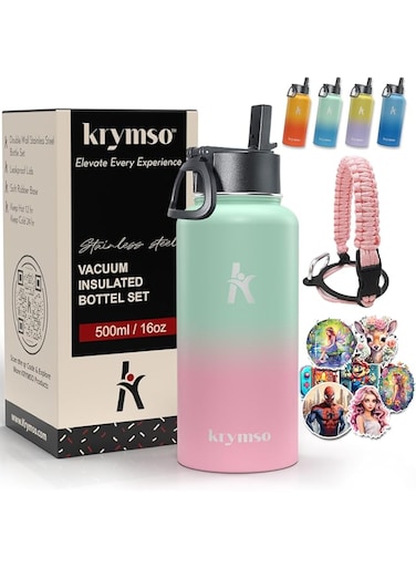 KRYMSO, 500ml Stainless Steel Water Bottle with Ai Stickers for Kids with Straw, Thermos, Insulated Cup, Water 500ml Cotton Candy)