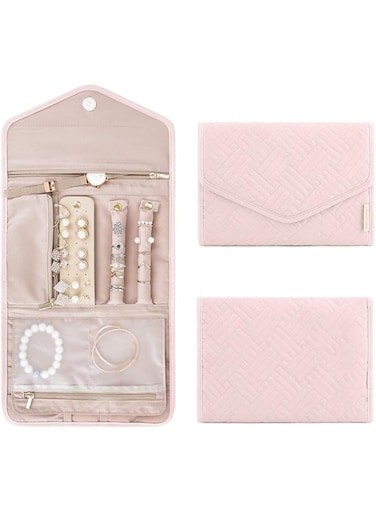 Portable Jewelry Box Organizer Travel Accessories Holder, Foldable Travel Jewelry Organizer for Rings, Necklaces, Bracelets, Earrings (Light Pink)