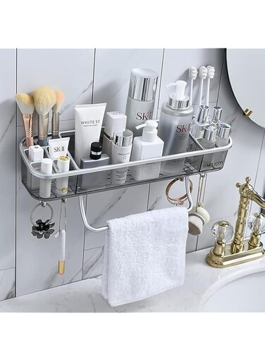 EZY LIFE Skincare Organizer For Bathroom Sink Countertop, Adhesive Bathroom Shelf, No Drilling Shower Caddy, Bathroom Organizer for Cosmetics Storage, Makeup Organiser, Toothbrush Holder &amp; Towel Bar
