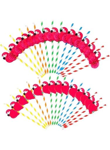 Silk Route - 3D Fruit Paper Straws - 50 Biodegradable Pcs, Flamingo Theme, Recyclable Tropical Beach, Birthday, Wedding, Music Festival Tableware Decoration