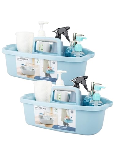 JiatuA Large Cleaning Supplies Organizer with Handle Portable Shower Caddy Basket Plastic Bucket Tool Storage for Bathroom, Bedroom, Kitchen, College Dorm, Under Sink, Garden, Blue 2 Pack