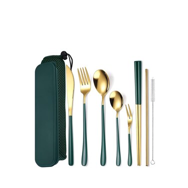 Portable Reusable Cutlery Set, Travel Utensils Set with Case, Stainless Steel Flatware Set Including Knife Fork Spoon Chopsticks Straws Brush, Dishwasher Safe (8Pcs Green golden)