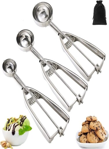 Cream Scoop, 3Pcs Cookie Scoop Set, Stainless Steel Cookie Dough Scoop, Cookie Scoops for Baking Set of 3, Ice Cream Scooper with Trigger Release, Cookie Scooper for Baking, Cupcake Scoop