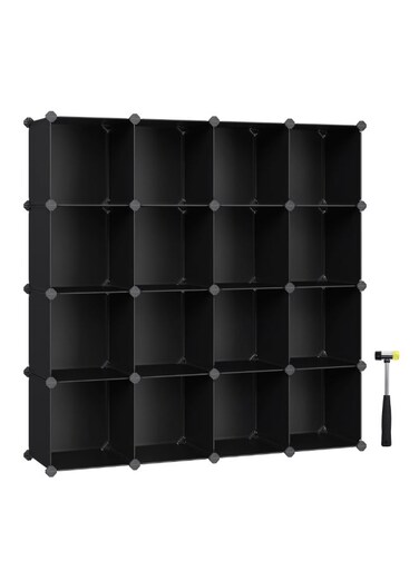 16-Cube Storage Unit, Shoe Rack, DIY Shelving System, Stackable Cubes, PP Plastic Shelf, Wardrobe, Closet Divider, for Bedroom, Office, 31 x 153 x 153 cm, Black