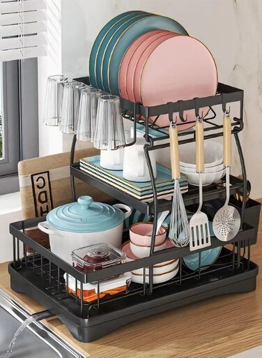 3 Tier Dish Rack - Black Dish Drying Rack with Drain Board, Detachable Large Capacity Plates Storage Organizer for Kitchen