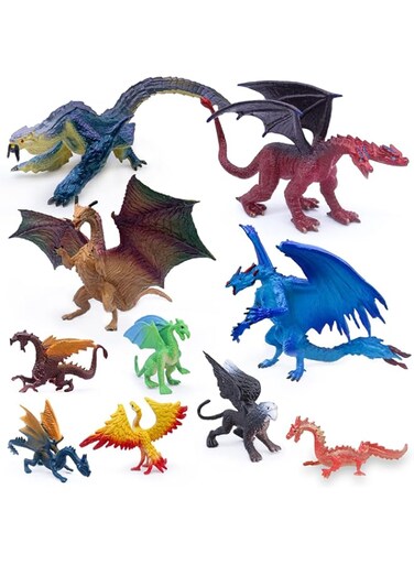 Azonee 10 Pack Dragon Toy Figures, 5 Inch and 3 Inch Solid Plastic Dragon Figurines, Mini Dragon Toys in Assorted Colors and Styles, Kids Mythical Dragon Toys for Cake Toppers Party Favors (Dragon)