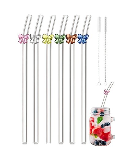 Pcs Cute Reusable Glass Straws with Design,8 mm x 7.9'' Shatter Resistant Butterfly Bow Clear Bent Glass Straw with Cleaning Brush for Drink Party Milkshakes Juice (Mixed Color)