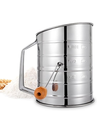 Sifter, 3 Cup Flour Sifter for Baking Fine Mesh Rotary Hand Crank with Loop Agitator for Quick Sifting, Flour Sifter Stainlees Steel, Crank Sifter Flour for Baking Cakes and Spices