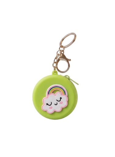 MOBCOS Mini Pouch Keychain &ndash; Cute Round Zipper Coin Purse &amp; Multipurpose Mini Storage Bag with Keyring for Coins, Cash, Keys and Small Essentials   Green Rainbow