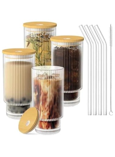 Glass Cups with Lid and Straw 4 Set, 11OZ Drinking Glasses for Whiskey Cocktail Beer, Ribbed Glassware Set for Gift