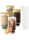 Glass Cups with Lid and Straw 4 Set, 11OZ Drinking Glasses for Whiskey Cocktail Beer, Ribbed Glassware Set for Gift
