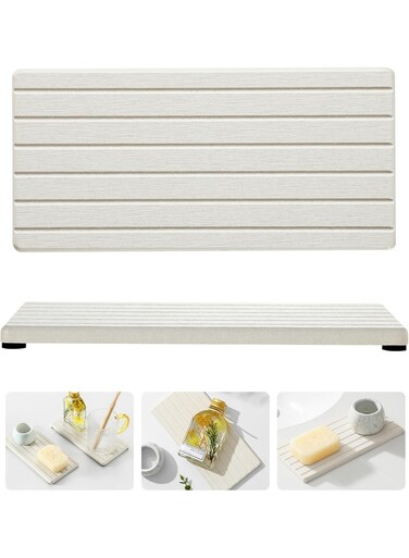 2 Pack BeigeBathroom Sink Vanity Trays, Diatomite Stone Kitchen Counter Caddy Dish Soap Dispenser Sponge Holder, Water Absorbing Mat Organizer for Plant,Cosmetic Bottle, 22 * 11 cm
