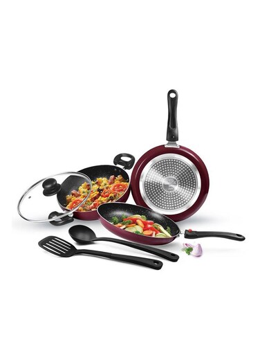Pro-Cook Cookware Set of 5 &acirc;&euro;&ldquo; Fry Pan (24 cm), Kadhai with Glass Lid (24 cm), Tawa (25 cm), Ladle &amp; Spatula, Aluminum Material, Non-Stick, Induction &amp; Flame Safe, Dishwasher Safe &acirc;&euro;&ldquo; Peach Peach Set of 5