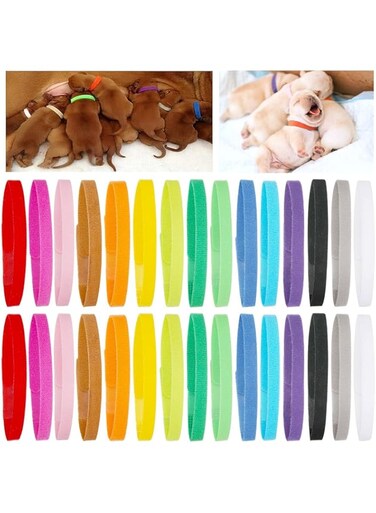 PETKNOWS 30 Pcs Puppy Whelping Collars Newborn Pet Collars Double-Sided Soft Adjustable ID Bands Puppy Collars for Litter Newborn Pet Dog Cat 15 Colors（M）
