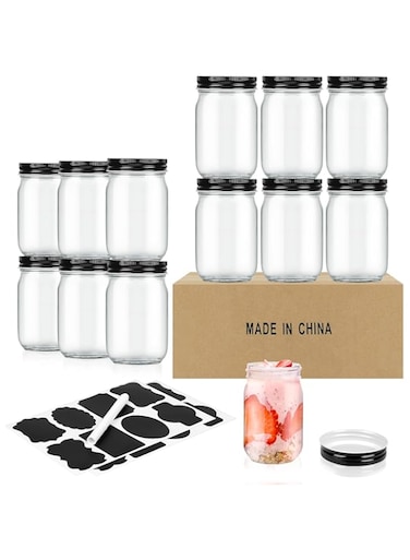 SKYLINK 12Pack 12oz Glass Mason Jars with Black Lids, Wide Mouth Canning Jars for Honey, Jam, Herbs, Kitchen Storage, Meal Prep, DIY Crafts, and Wedding Favors