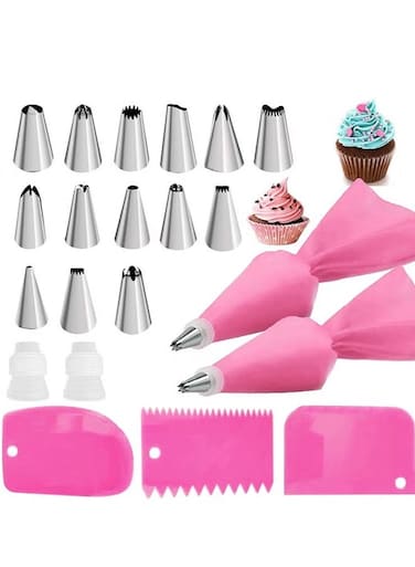 D 21pcs Piping Bags and Tips set, 2 Reusable Silicone Pastry Bag with 14 Stainless Steel Nozzle Icing Tips Set, 3 Icing Smoother &amp; 2 Couplers &amp;1Sealing clip for Baking Decorating Cake Tool (Pink)