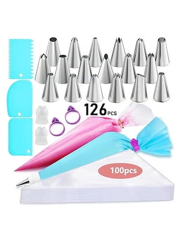 Piping Bags and Tips Set, Cakes Decorating Supplies Kit with 100pcs 12 Inch Pastry Bags, 18 Piping Tips, 3 Cake Scraper, 2 Couplers, 2 Bag Ties, Simple and Convenient Baking Supplies Set
