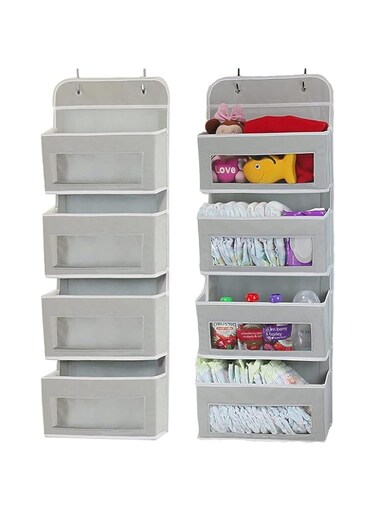 4 Pockets Over Door Storage Organiser, Fabric Foldable Hanging Organizer Bin Door Hanger Storage with Clear Window for Pantry Baby Nursery Bathroom (Grey)
