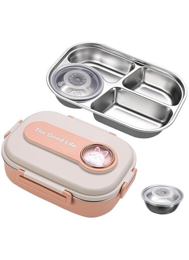 Stainless Steel Lunch Box for Kid School, Insulated Bento Lunch Box, 4 Compartment Divided Lunch Containers with Lids, Leakproof   BFA Free   Dishwasher Safe (Rabbit Pink)