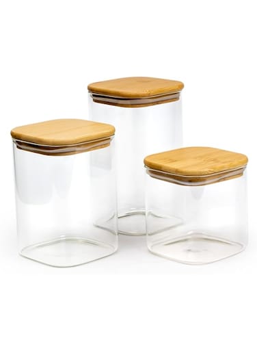 Cuisine Art Square Glass Storage Jars with Bamboo Wood Lids -Set of 3 Transparent Borosilicate Airtight Glass Container, for Storing Kitchen Food, Grains, Coffee Beans, Tea 650+1020+1300ML