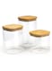 Cuisine Art Square Glass Storage Jars with Bamboo Wood Lids -Set of 3 Transparent Borosilicate Airtight Glass Container, for Storing Kitchen Food, Grains, Coffee Beans, Tea 650+1020+1300ML