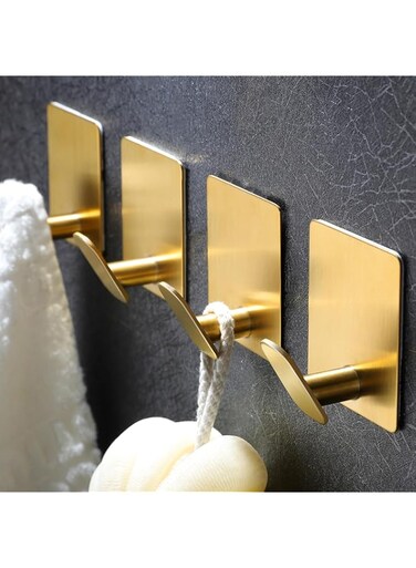 DELITON Adhesive Towel Hooks Gold - 4 Pack Towel Hook for Coat Robe Stick on Bathroom Wall Brushed Gold Finish Stainless Steel
